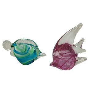 Vintage Handmade Murano Style Art Glass Fish Figurines Pair Paperweights EUC